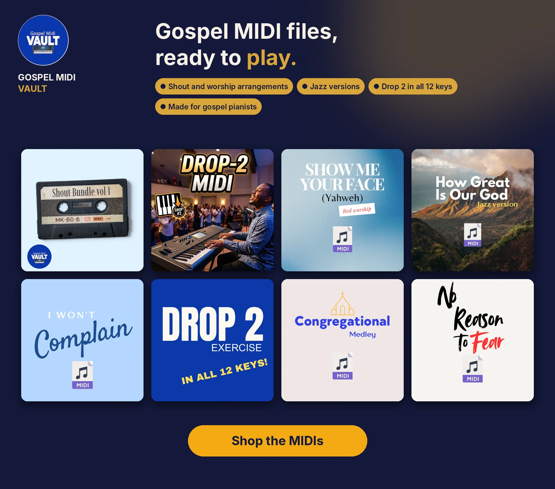 Gospel MIDI Vault: gospel MIDI files including Shout Bundle Vol. 1, Drop-2 MIDI, Show Me Your Face, How Great Is Our God and more